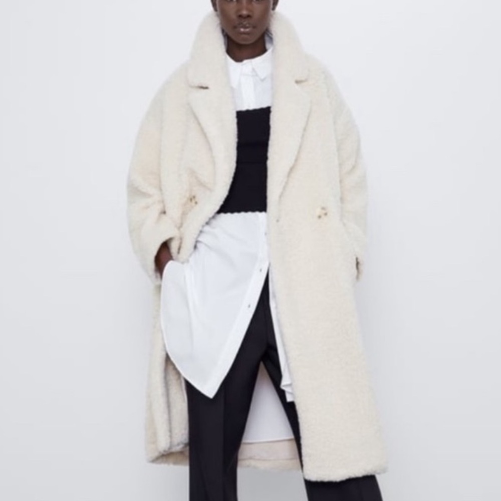 ZARA Cream Faux Shearling Sherpa Teddy Fur Coat